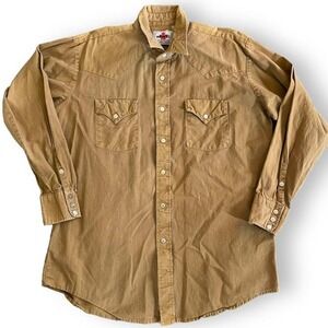 Vintage MWG Khaki Brown Long Sleeve Silver Snap Front Western Shirt Canadian